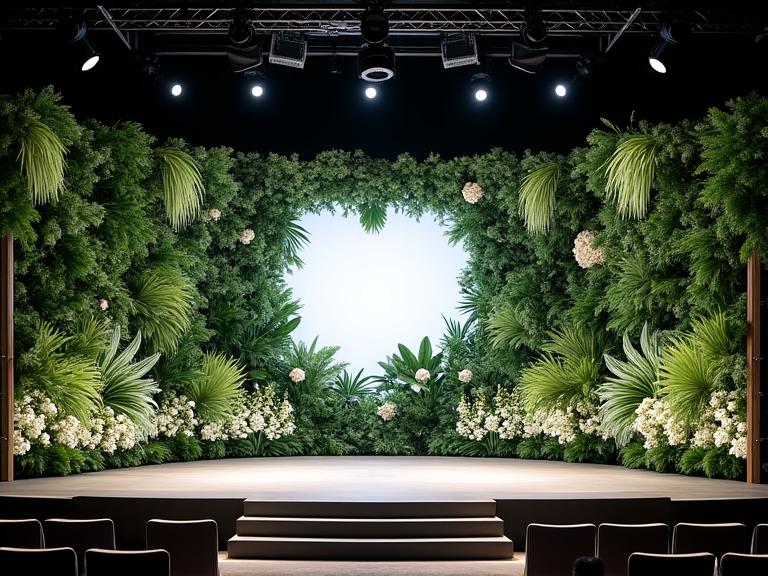 A grand botanical backdrop for a conference stage, featuring an organic blend of vibrant greenery and strategic floral accents, creating an immersive atmosphere.
